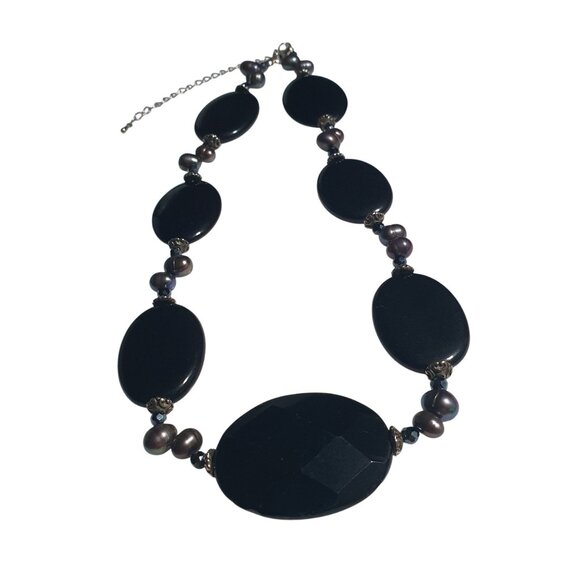 Black Onyx Faux Pearl Oval Bead Statement Necklace Chain Elegant Costume Jewelry - Picture 2 of 4